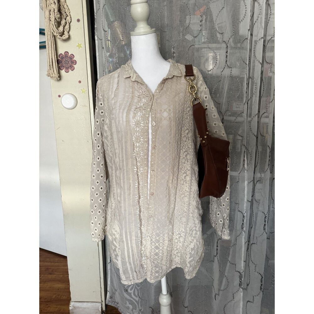 Johnny Was Womens L Ivory Embroidered Eyelet Lace Button Front Tunic Boho
